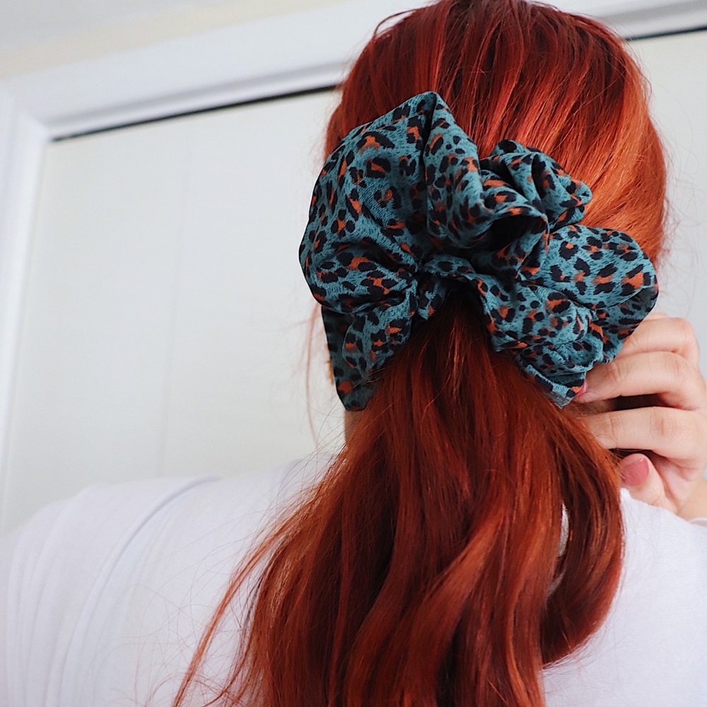 Oversized Leopard Print Scrunchie in Turquoise.